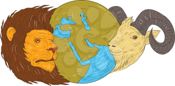 Drawing sketch style illustration of a map globe showing europe, middle east and africa  in between the heads of a lion and goat set on isolated white background. 