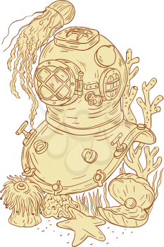 Drawing sketch style illustration of a copper and brass old school dive diving helmet underwater with jellyfish, starfish, oyster with pearl and coral set on isolated white background. 