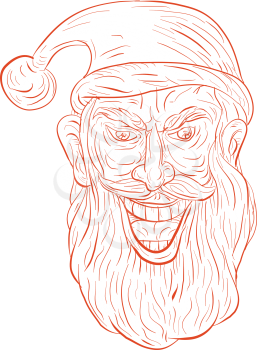 Drawing sketch style illustration of an evil looking, sinister and devilish santa claus with a wide grin viewed from front set on isolated white background/ 