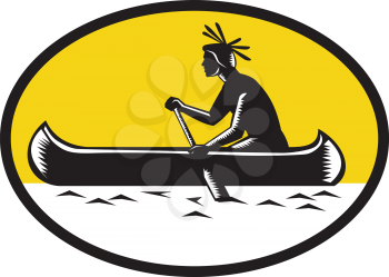 Illustration of a native american indian paddling a canoe viewed from the side set inside oval shape done in retro woodcut style. 