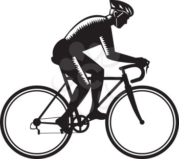 Illustration of road cyclist wearing helmet riding bicycle cycling biking racing viewed from the side set on isolated white background done in retro woodcut style. 