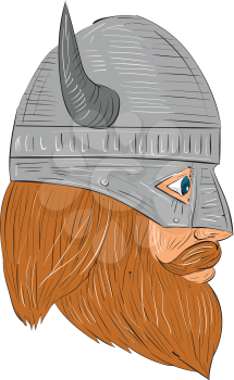 Drawing sketch style illustration of a norseman viking warrior raider barbarian head with beard wearing horned helmet viewed from the right side set on isolated white background. 