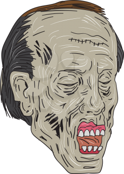 Drawing sketch style illustration of a zombie skull head with eyes closed in a three-quarter view set on isolated white background. 