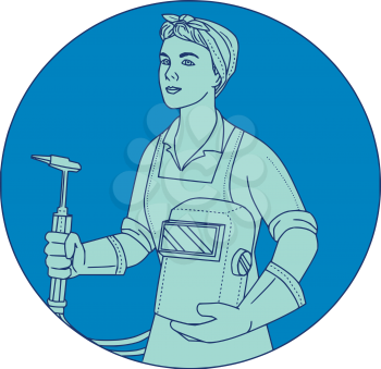 Mono line style illustration of a female welder holding acetylene welding torch and visor viewed from front set inside circle. 