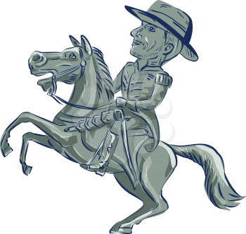 Illustration of an american cavalry officer riding horse prancing viewed from the side set on isolated white background done in cartoon style. 