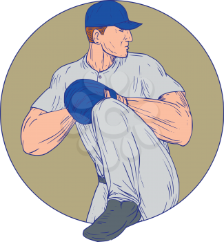 Drawing sketch style illustration of an american baseball player pitcher outfilelder about to throw a ball viewed from the side set inside circle on isolated background.