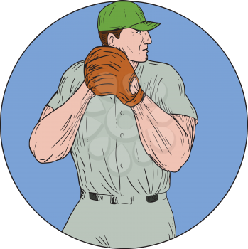 Drawing sketch style illustration of an american baseball player pitcher outfilelder getting started to throw ball viewed from the side set inside circle on isolated background.