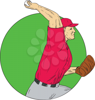 Drawing sketch style illustration of an american baseball player pitcher outfilelder throwing ball viewed from the side set inside circle on isolated background.