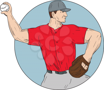Drawing sketch style illustration of an american baseball player pitcher outfilelder throwing ball viewed from the side set inside circle on isolated background.