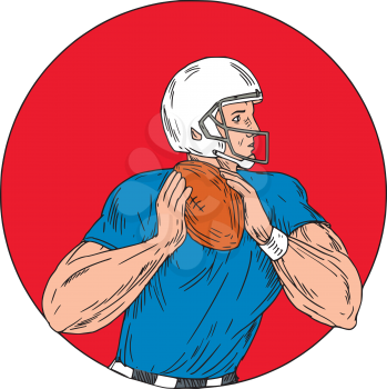 Drawing sketch style illustration of an american football gridiron quarterback player holding ball ready to throw ball viewed from the side set inside circle on isolated background.