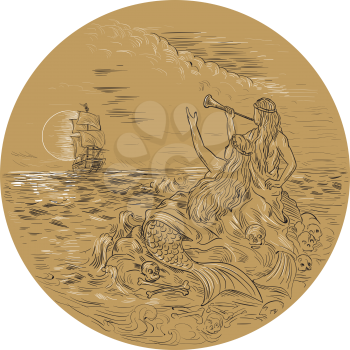 Drawing sketch style illustration of two sirens on an island waving calling a tall ship set inside circle with full moon in the background. 