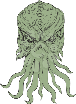 Drawing sketch style illustration of a head of a subterranean mythical sea monster with octopus-like head whose face has tentacles or feeler viewed from front set on isolated white background. 