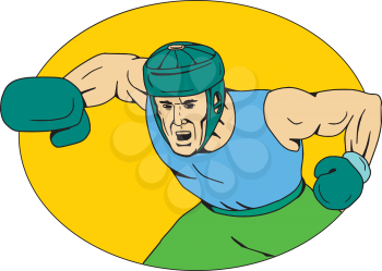 Drawing sketch style illustration of an amateur boxer wearing headgear hitting a knockout punch viewed from front set inside oval shape. 