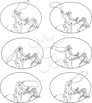 Collection set of illustrations of  a rodeo cowboy holding lasso riding horse viewed in different movements set inside oval shape done in drawing sketch style. 