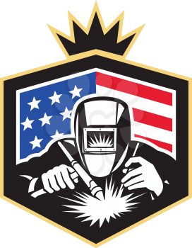 Illustration of welder arc welding viewed from front set inside shield with usa american stars and stripes flag in the background done in retro style. 