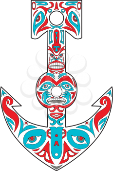 Northwest Coast art style illustration of a boat anchor totem pole set on isolated white background.
