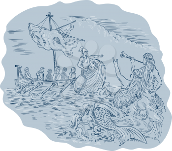 Drawing sketch style illustration of a greek tiireme navigator pointing and avoiding sirens who are waving calling at them. 
