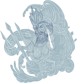 Drawing sketch style illustration of a poseidon god of the sea holding trident surrounded by waves viewed from the side set on isolated white background. 