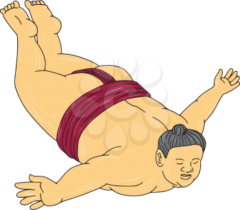 Drawing sketch style illustration of a Japanese sumo wrestler skydiving viewed from front set on isolated white background. 