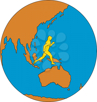 Drawing sketch style illustrations of marathon triathlete runner running viewed from the side set inside globe showing Asia Pacific and the world.