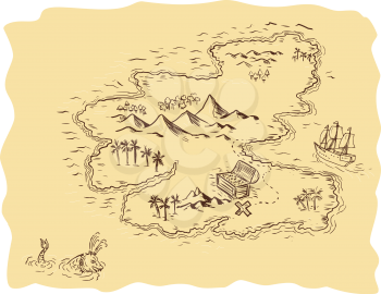 Drawing sketch style illustration of a pirate treasure map showing a treasure chest with x mark the sport and sailing ship and sea serpent in  background. 