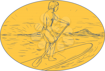 Drawing sketch style illustration of a dude on a stand up paddle board holding paddling oar with island and sunset in the background done set inside oval shape. 