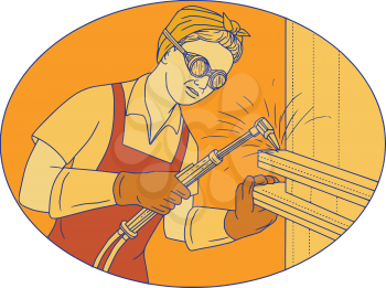Mono line style illustration of a female welder welding using acetylene welding torch viewed from front set inside oval shape. 