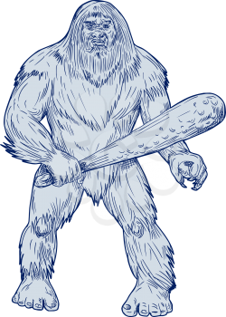 Drawing sketch style illustration of a Bigfoot or Sasquatch, a simian-like creature of American folklore that  inhabit forests, usually described as a large, hairy, bipedal humanoid standing holding c