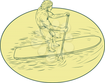 Drawing sketch style illustration of a surfer dude on a stand up paddle board holding oar paddling set inside oval shape viewed from top angle. 