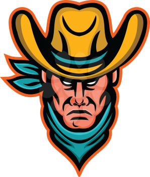 Mascot icon illustration of head of an American cowboy wearing kerchief and hat viewed from front on isolated background in retro style.