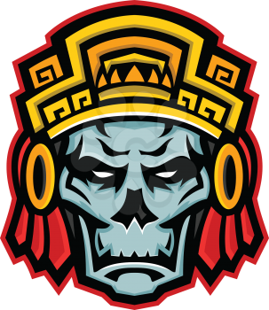 Mascot icon illustration of a skull of a noble Aztec warrior wearing wood helmet or headdress viewed front on isolated background in retro style.