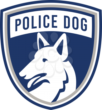 Mascot icon illustration of head of a police dog, German Shepherd, Alsatian wolf dog or sometimes abbreviated as GSD looking to side set inside shield or crest isolated background in retro style.