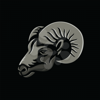 Metallic style flat icon or mascot illustration of a male bighorn or long-horned sheep ram viewed from side on isolated black background.