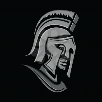 Metallic style flat icon or mascot illustration of a Spartan warrior wearing helmet viewed from side on isolated black background.