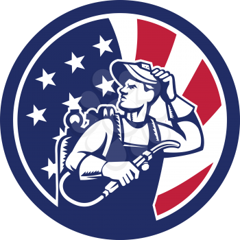 Icon retro style illustration of an American lit operator or welder with visor holding welding torch with United States of America USA star spangled banner or stars and stripes flag inside circle 