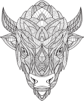 Zentagle inspired and tangled mandala illustration of a head of an American bison, American buffalo or buffalo viewed from front on isolated backgound.