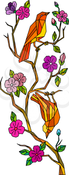 Low polygon style illustration of a Japanese white-eye bird perching on cherry blossom or sakura tree branch on isolated background.