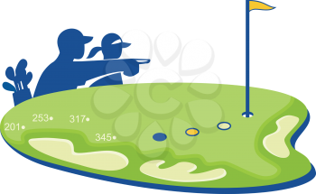 Retro style illustration of a caddie and golfer pointing and strategizing on golf course green with golf bunker and sand trap on isolated background.