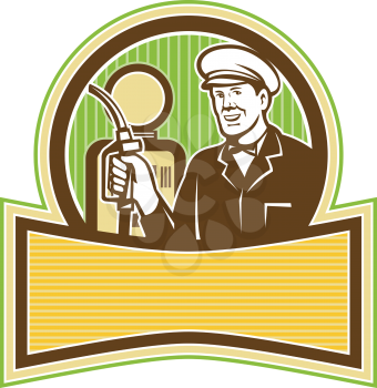 Retro style illustration of a filling station attendant, gas station attendant or gas jockey, a full-service filling station worker holding a petrol nozzle with pump in background.