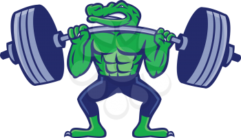 Mascot icon illustration of an alligator, gator, crocodile or croc lifting a heavy barbell weight training or weightlifting viewed from front on isolated background in retro style.