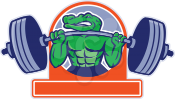 Mascot icon illustration of an alligator, gator, crocodile or croc lifting a heavy barbell weight training or weightlifting viewed from front set inside circle on isolated background in retro style.