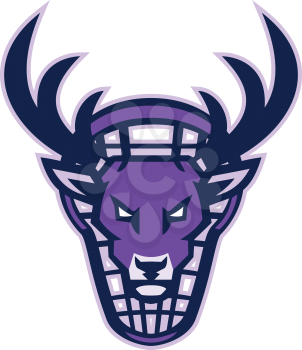 Mascot icon illustration of head of a deer, buck or stag viewed from front with lacrosse stick in background.