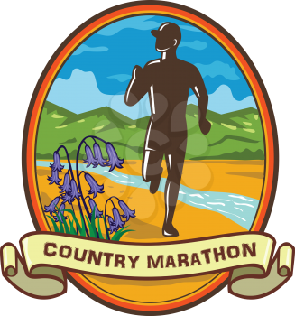 Retro style illustration of a country marathon runner running with common bluebells in foreground and river stream and green hill in background set inside oval with banner text Country Marathon.
