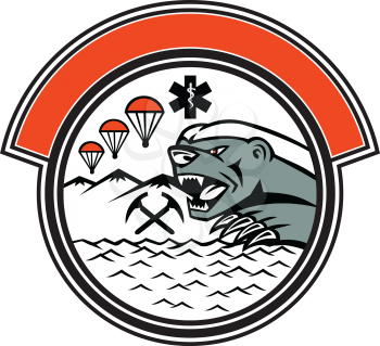 Badge mascot illustration of head of a honey badger with paramedic symbol, air parachute, crossed ice axe, mountain and sea, set inside circle on isolated background in retro style.