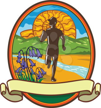 Retro style illustration of a country marathon fun run runner running with common bluebells in foreground and river stream, green hill and ammonite rising in background set inside oval.