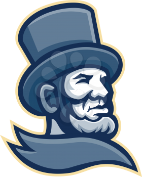 Mascot icon illustration of head of the 16th American president Abraham Lincoln wearing top hat or topper viewed from high angle on isolated background in retro style.