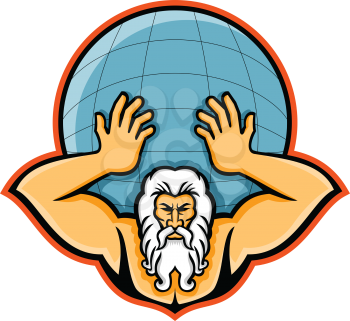 Mascot icon illustration of head of Atlas, a Titan in Greek god mythology holding up the world or globe the viewed from front  on isolated background in retro style.