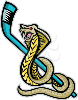 Mascot icon illustration of a king cobra, also known as the hamadryad, a species of venomous snake curling up ice hockey stick on isolated background in retro style.