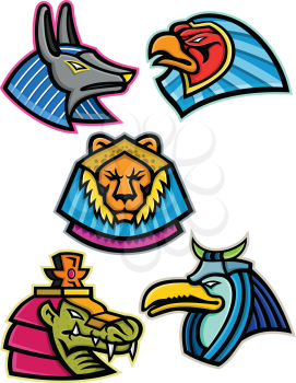 Mascot icon illustration set of heads of ancient Egyptian animal gods or deities like Anubis,sun god Ra, Sekhmet, Sobek and Thoth  viewed from side on isolated background in retro style.