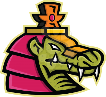 Mascot icon illustration of head of Sobek, Sebek, Sochet, Sobk or Sobki, an ancient Egyptian deity depicted as a human with a Nile or West African crocodile head on isolated background in retro style.
